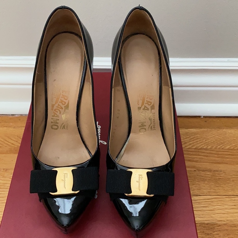 Salvatore Ferragamo Trilly Ferro Black Patent Heels (Size 6)